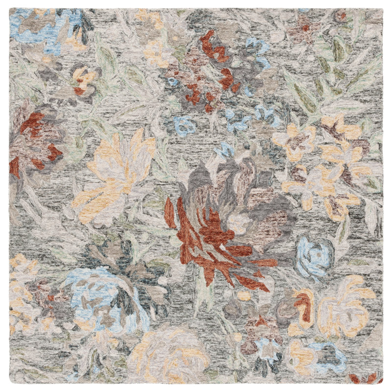 Caden Tufted Wool/Cotton Performance Floral Rug in Charcoal/Green, Square 6'