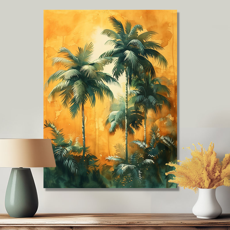 «Green Orange Palm Trees Swaying I - Palmiers et palmiers», art mural, Sans cadre, métal, H 30 po x l 40 po