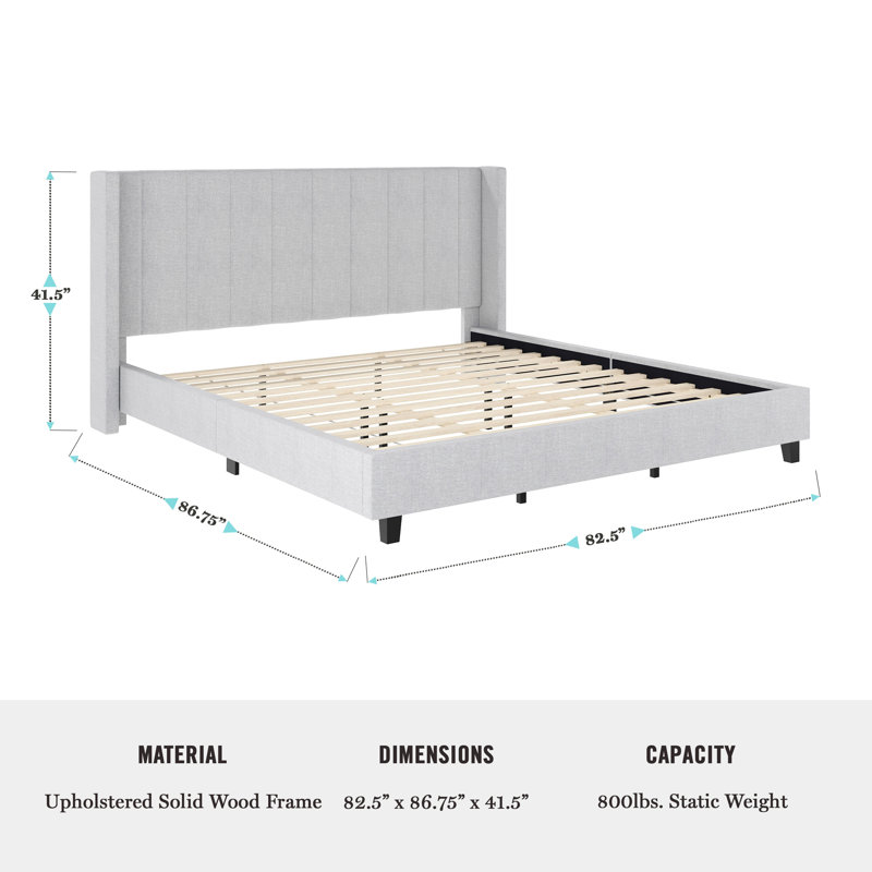 Gray King Upholstered Platform Bed with Linen Wingback Headboard