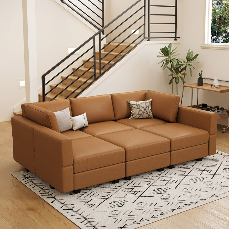 Colusa Faux Leather Sofa 6-Seats Bed Sleeper With Adjustable Backrest Convertible Modular Sofa Memory Foam Sectional Sofa Storage Couch For Apartment Livingroom Bedroom