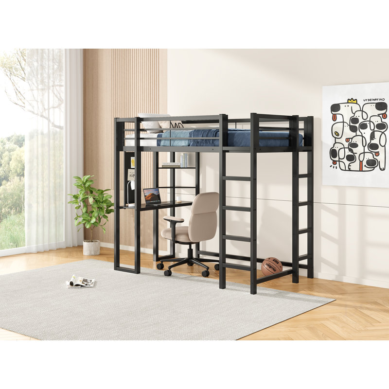 Lit mezzanine avec bureau, lit mezzanine en métal pour lit simple, cadre de lit mezzanine avec bureau et rangement compatible avec les garçons, les adolescents et les filles, cadre de lit noir