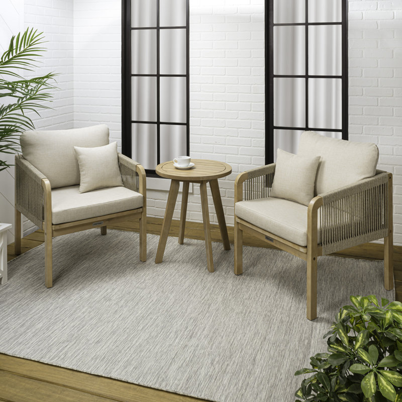 Aveiro Coastal 3-Piece Acacia Wood Outdoor Patio Conversation Set, Rope Woven Armchairs with Beige Cushions and Light Teak Round Side Table