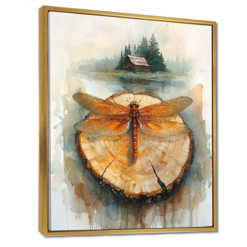 «Sandwell Dragonfly Lake At The Barn On Slide» - Art mural libellule, H 32 po x l 16 po, Impression encadrée flottante, Doré