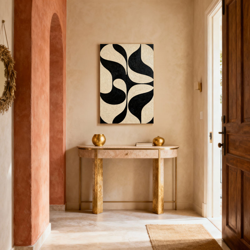 Ensemble de 1 tableau sur toile tendue à motif géométrique abstrait noir et crème, H 36 po x l 24 po