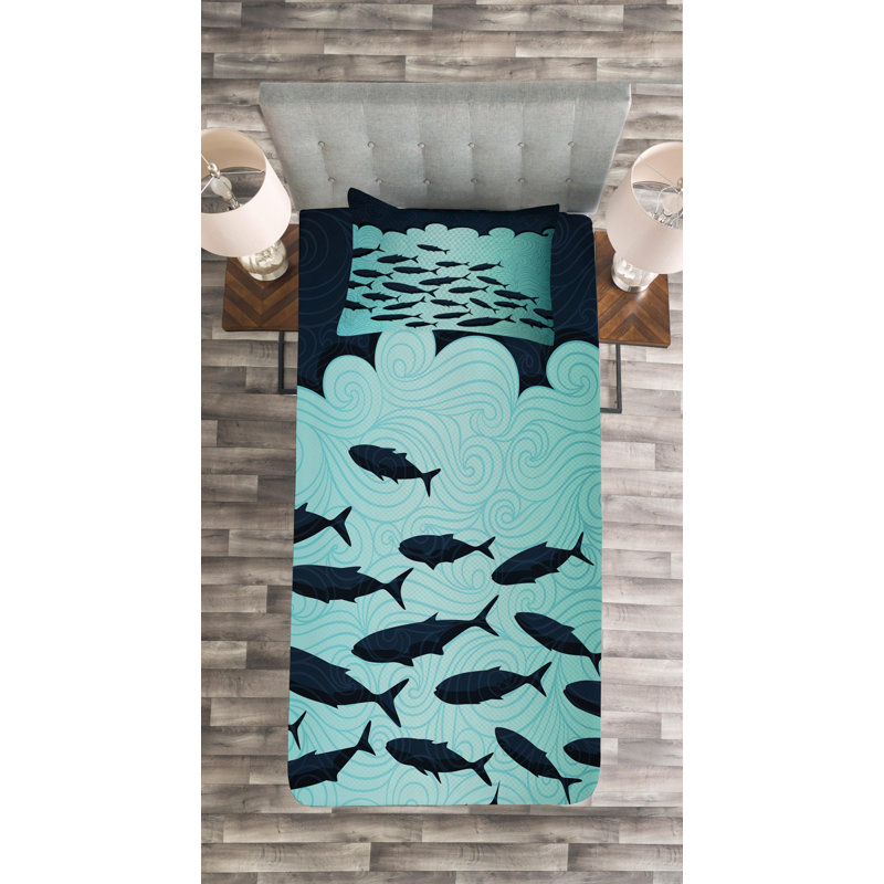 Twin Blue and Black Fish Quilted Bedspread Set