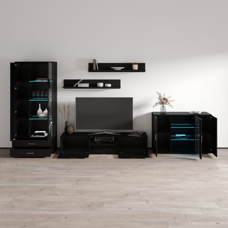 Sabala 150" Modern Entertainment Center with 16-Color LED Lighting, High Gloss Finish, Media Storage, Black