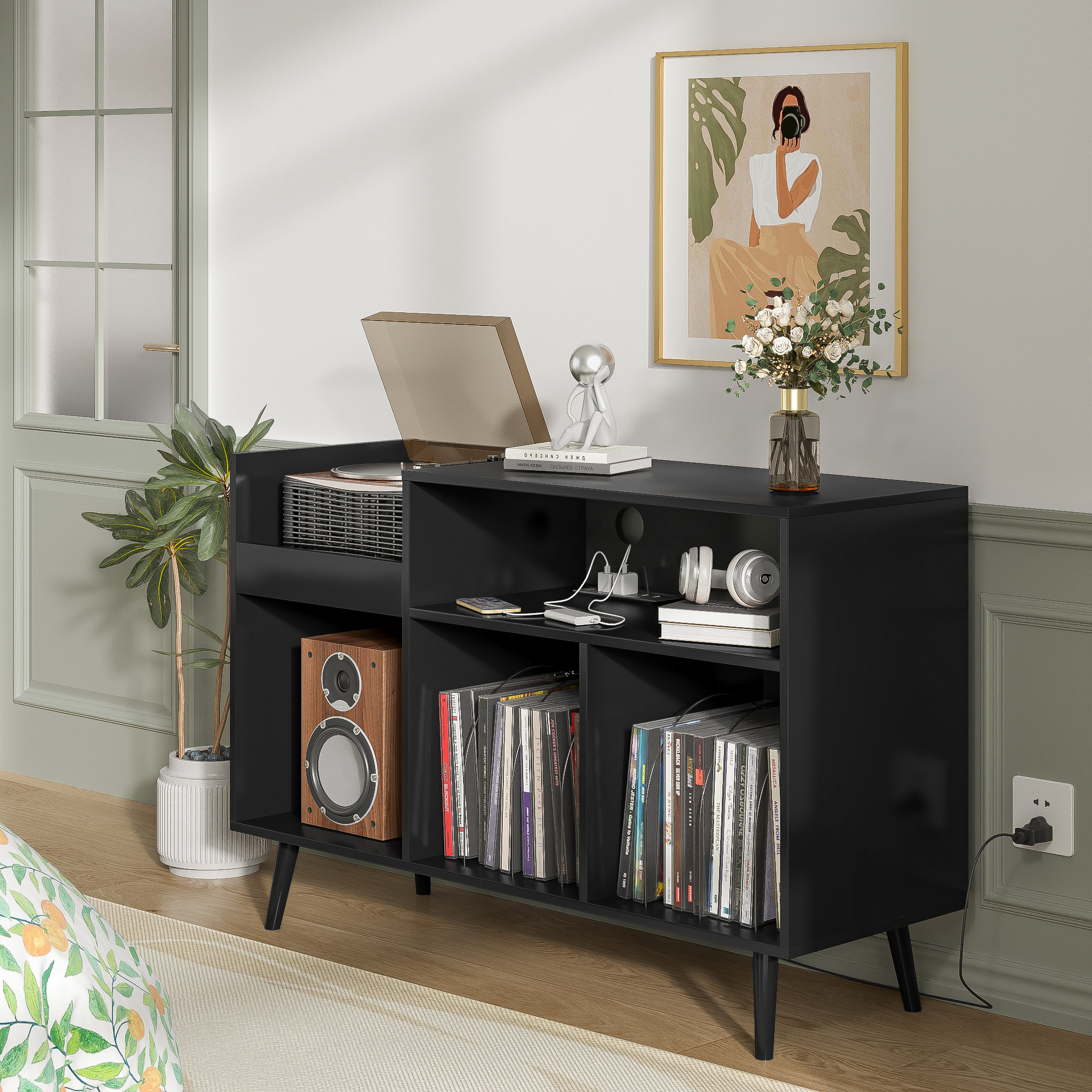 George Oliver Audio Rack, Record Player Stand With Charging Station ...