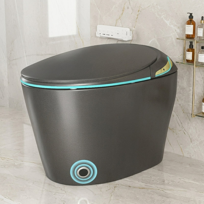 Toilette intelligente avec bidet, pile de secours, couvercle à ouverture / fermeture automatique, siège chauffant, eau chaude instantanée, chasse d'eau avec capteur de pied, télécommande, affichage à DEL, gris