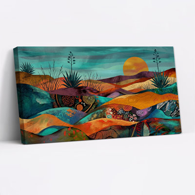 Tableau sur toile représentant un paysage désertique turquoise et orange avec des agaves