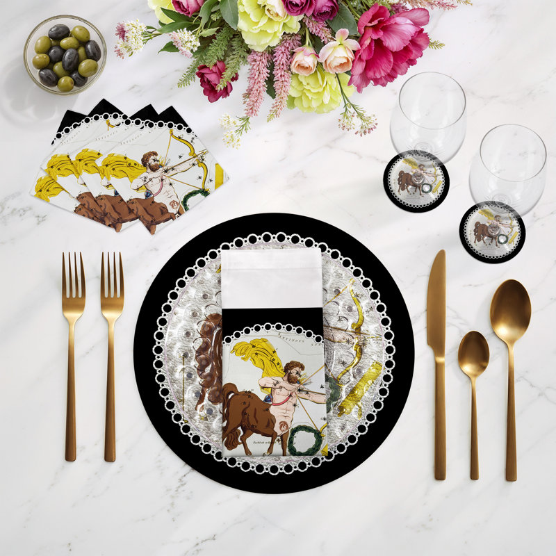 Zodiac Sagitarius Vegan Leather Round Pebble Placemat, Black