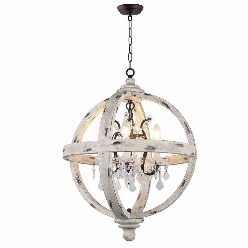 Lustre globe 4 lumières façon bougie en bois blanc délavé, Nickel satiné
