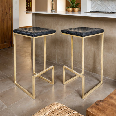 Mengia Leather Bar Stool Upholstered Counter Stool with Quilted Seat and Gold Steel Sled Base Kitchen Stool