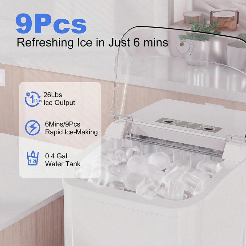 Countertop Ice Maker With Handle,Self-Cleaning Ice Machine,9 Ice Cubes Ready In 6 Mins For Home/Kitchen/Bar/Party/Camping