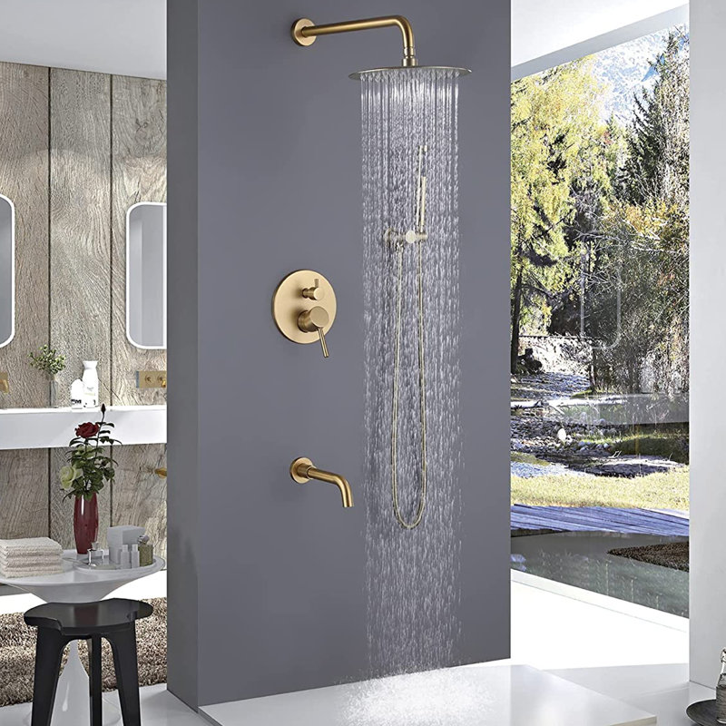 10" Wall Mounted Rainfall Shower System with 360° Rotatable Tub Spout and Handheld Shower, Gold