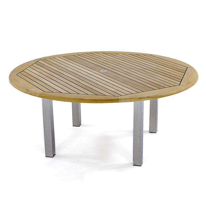 Round Teak Outdoor Dining Table With Umbrella Hole , 72'' in. W 72'' in. D