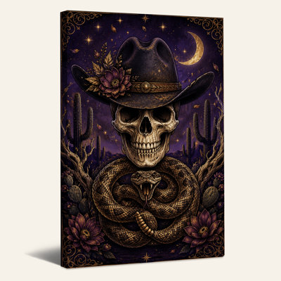 Impression sur toile mauve, crâne de cowboy