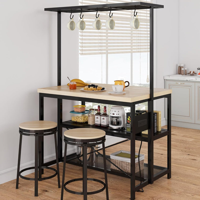 47 Inch Kitchen Island with Storage & Power Outlets, Large Bakers Rack Microwave Stand with 3-Tier Shelves, 5 Hooks