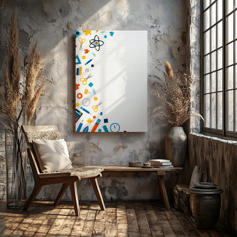 Toile, un design plat à plat vibrant et ludique mettant en vedette un art mural de fournitures scolaires colorées et d'outils éducatifs sur toile éparpillée