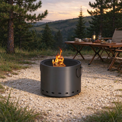 Smokeless Wood Burning Fire Pit with Spark Screen and Poker, Portable Metal Firepit for Garden Patio Camping and Picnic, Dark Grey, 38 Centimetres Diameter by 27 Centimetres High