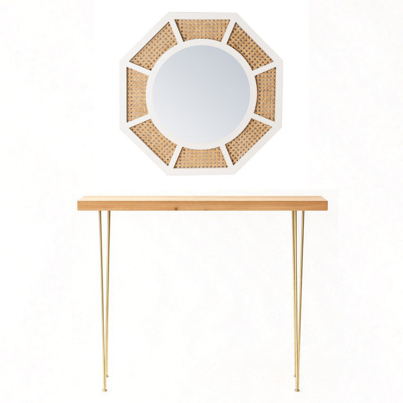 36" Rectangular Wood Console Table & 24" Octagonal Boho Rattan Wall Mirror Set