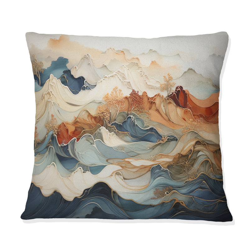 Coussin décoratif abstrait à imprimé abstrait orange et bleu River III