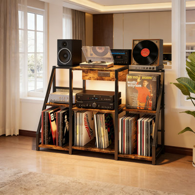 Support pour tourne-disque avec prise de courant et lumière DEL, armoire de rangement pour disque vinyle pouvant contenir jusqu'à 300 albums, tablette multimédia à plusieurs niveaux pour tourne-disque, livres et présentoir à magazines