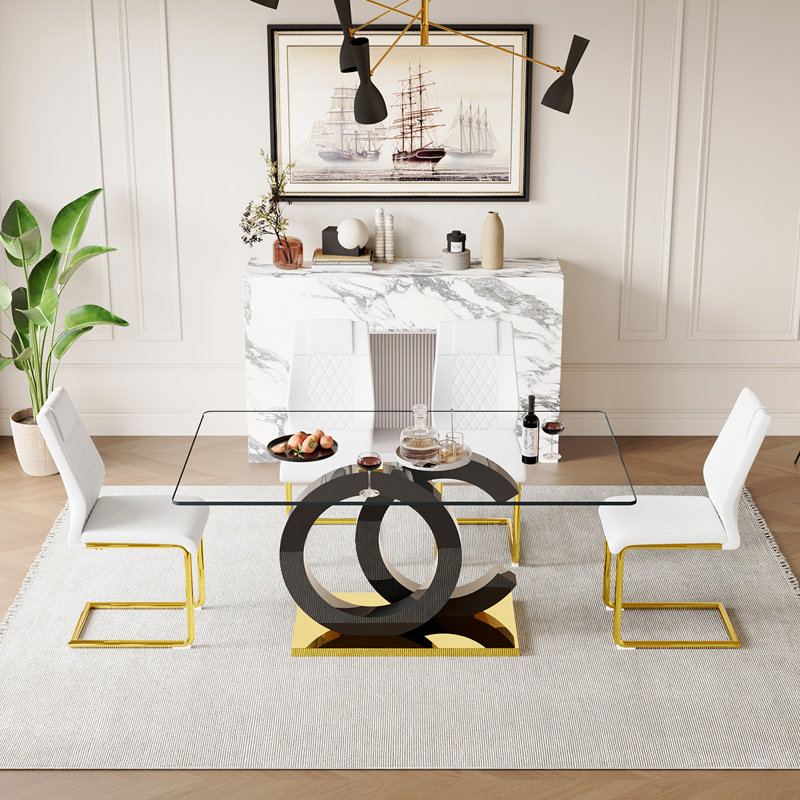 Glass Top Dining Table Sets, 5, White/Gold