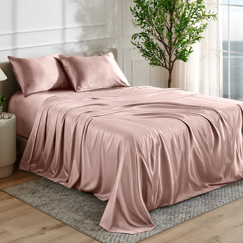 Satin Sheet Set, Queen Sheet Set with 2 Pillowcases, Blush