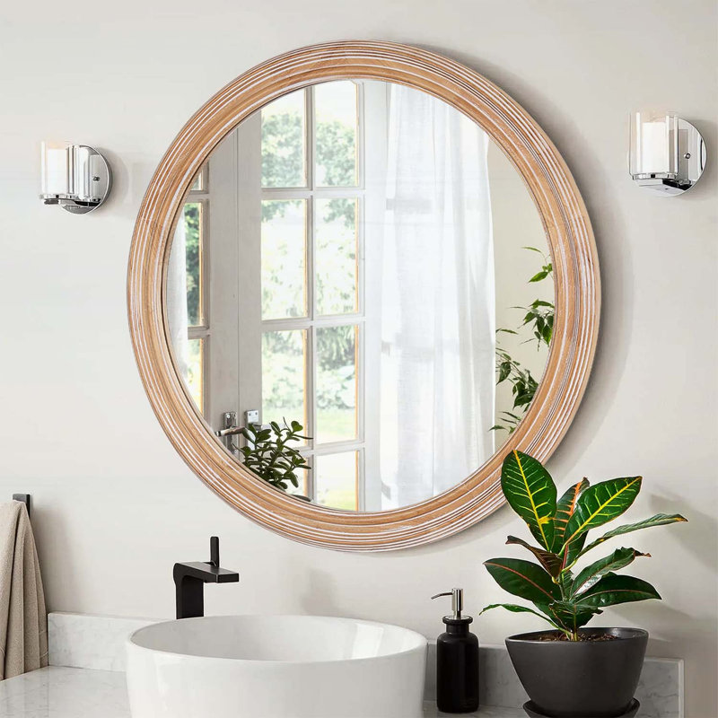 Miroir mural rond 35,43 pouces pour salle de bain, chambre à coucher et entrée avec cadre en bois vieilli