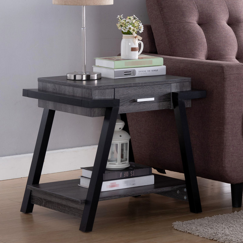 Table d'appoint grise / noire vieillie avec tiroir et tablette de rangement