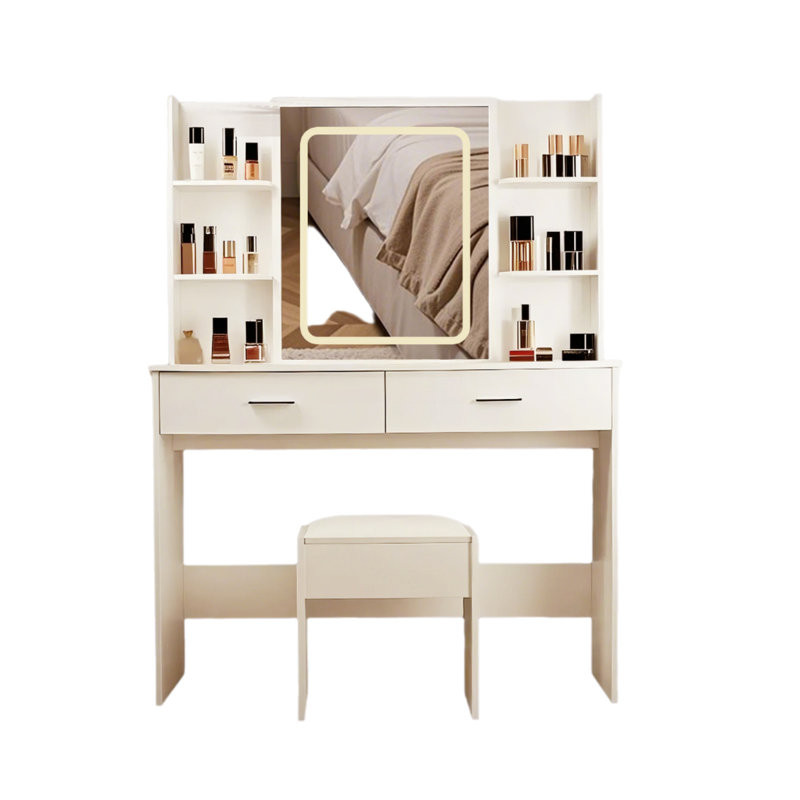 3 Lighting Modes With Adjustable Brightness, Dressing Table Set With Power Outlet And Cushioned Stool With Mirror And Light, 2 Drawers And 6 Storage Shelves For Make-Up Dresser