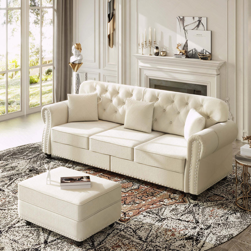 Velvet Chesterfield Sofa Nailhead Trim Button Tufted, Beige/White