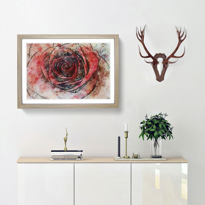 Red Rose in Abstract - Picture Frame Painting Print, 27cm H x 36cm W x 2cm D, Oak Framed