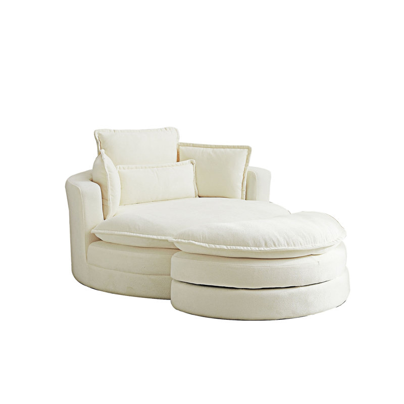 Fauteuil demi-tonneau pivotant avec repose-pieds de rangement, Chenille beige