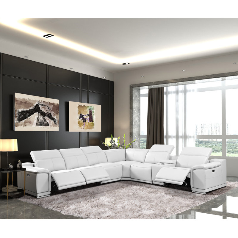 Canapé modulaire inclinable 7 pièces Zika, Cuir véritable blanc