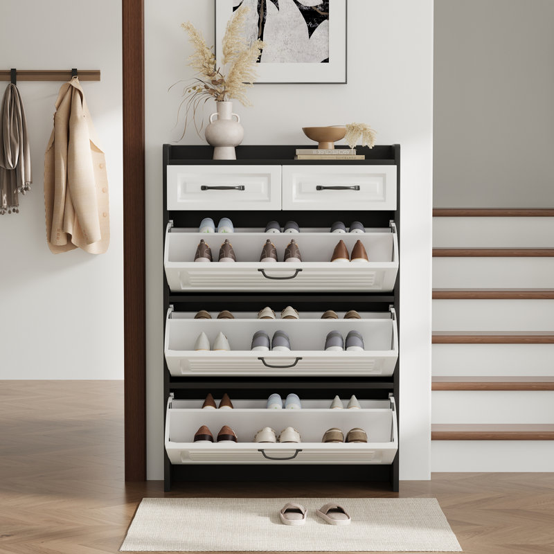 24 Pair Flip Down Shoe Storage, Black/White