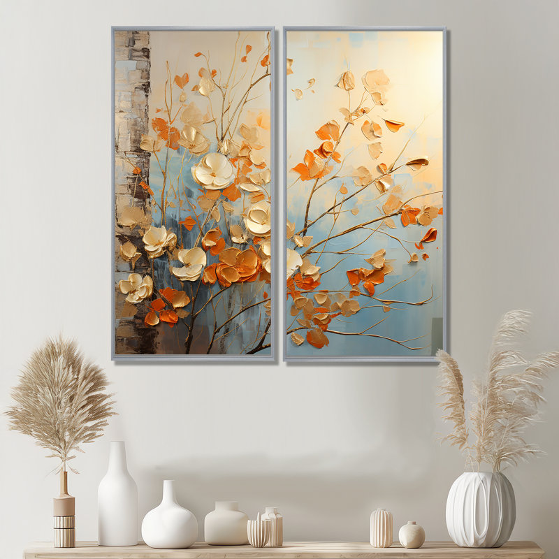 Or et feuilles d'oranges dans la brise II - feuilles, art mural, H 40 po x l 40 po, Impression encadrée flottante