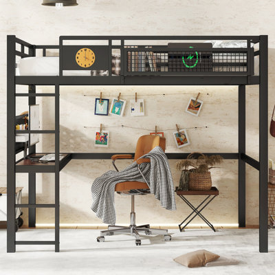 Full Size Metal Loft Bed Frame with Desk, Pegboard & Storage Basket, Built-in Clock & Charging Port, Space-Saving Black Loft Bed