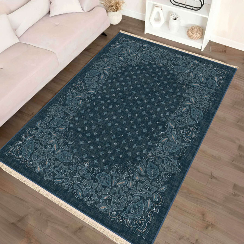 Mystic Midnight Indigo Floral Border Area Rug