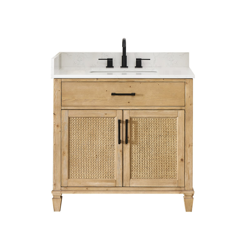 Meuble-lavabo simple 36 po Salome en sapin vieilli avec comptoir en pierre reconstituée blanche sans miroir