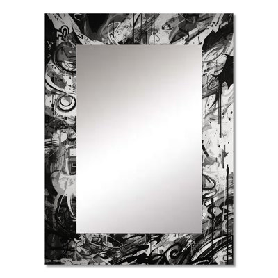 Black And White Graffiti Cosmic II - Geometric Decorative Mirror, Black Wall Mirror, Printed Metal Art