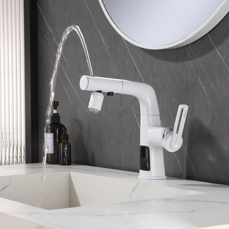Robinet réglable à 2 fonctions à hauteur variable avec poignée de robinet de salle de bain avec douchette rétractable, affichage numérique de la température et douchette de rinçage