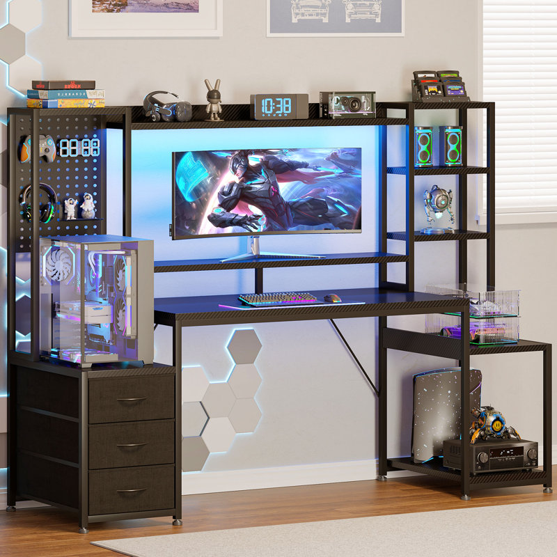 67" Gaming Desk With Hutch, Pegboard & Drawers, Large Computer Desk With Storage Shelves, Ergonomic Home Office Workstation