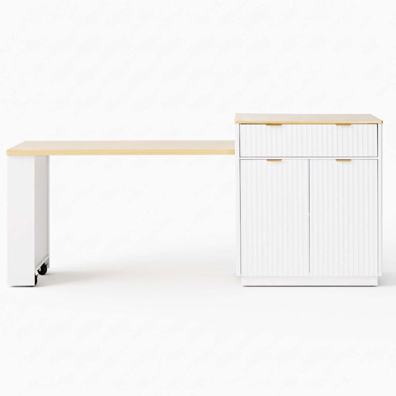 Fluted Panel Wheeled Kitchen Island Station with Expandable Dining Countertop Suitable for Multiple Diners, Built-In Power Outlet and Double-Sided Storage Layout, Two Drawers plus Open Side Shelving Compartments