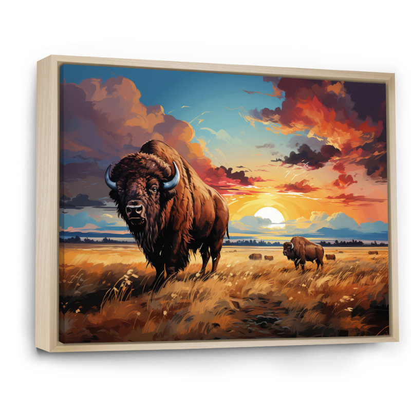 Art amérindien Bison Prairies III - impression, H 24 po x l 32 po x P 1 po, Cadre naturel flottant
