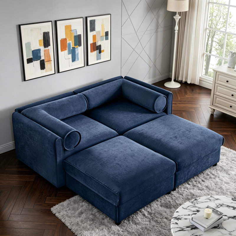 Canapé 2 places en chenille avec 2 repose-pieds, Blanc