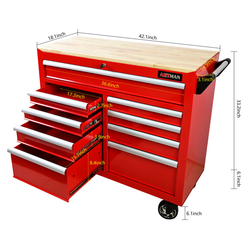 9 DRAWERS MULTIFUNCTIONAL TOOL CART WITH WHEELS AND WOODEN TOP, Red