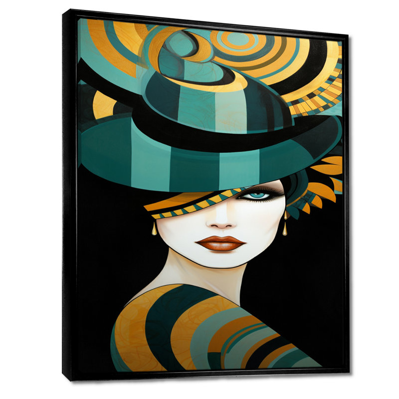 Art déco, beauté, sarcelle, portrait doré - impression d'art mural femme moderne, Cadre flottant noir, H 32 po x l 24 po