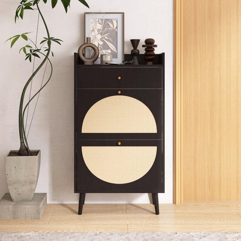 Rattan Shoe Storage Cabinet With Double Layer, Black