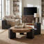 Table basse à double couche ronde avec plateau en verre brun transparent, conception moderne avec pieds en MDF noir en L et rangement flexible amovible